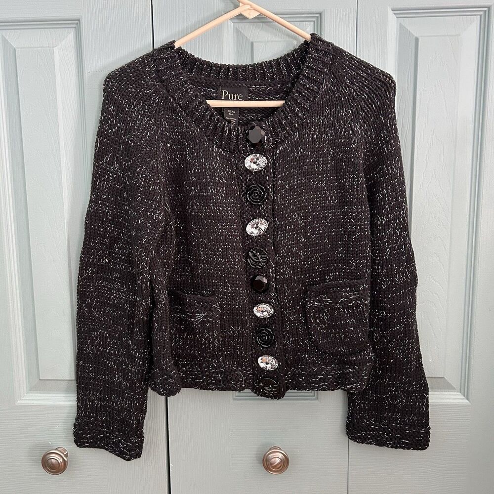 Pure&Co Womens Black Silver Hand Knit Cardigan Sweater XS/S Cotton Large Buttons